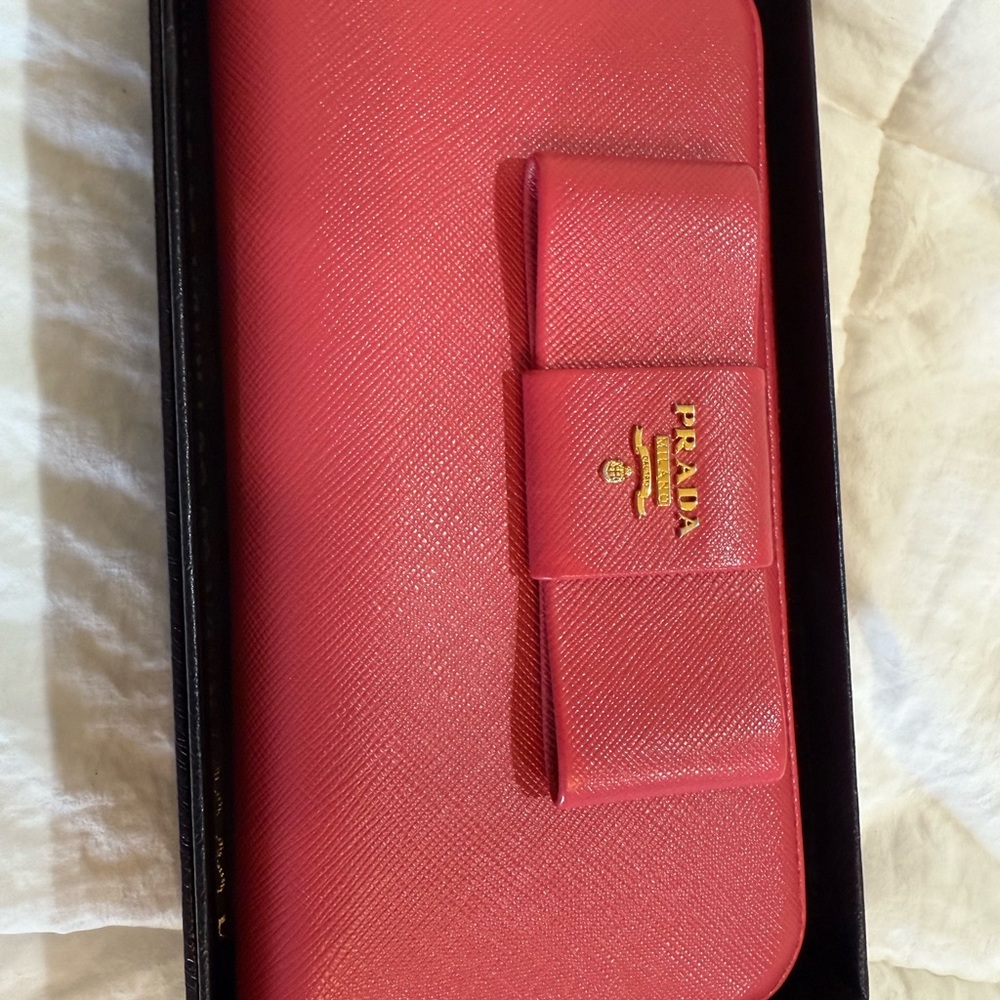 Prada Coral Wallet with Bow Accent safiano